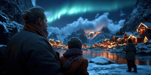 Obraz premium Winter Holiday Concept, A serene winter scene featuring a family admiring the Northern Lights over a snowy landscape.