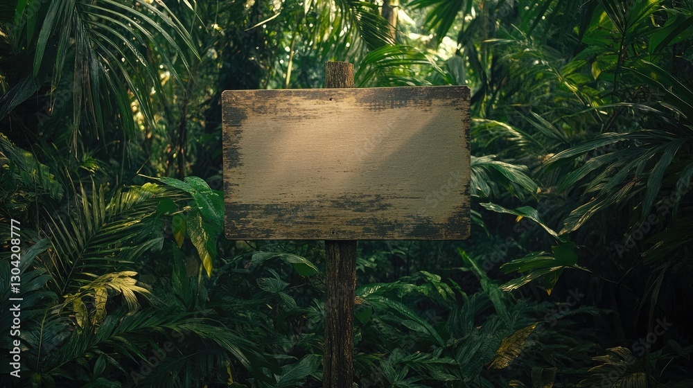Poster a blank wooden signboard in the heart of dense jungle foliage, offering an empty canvas for nature-i