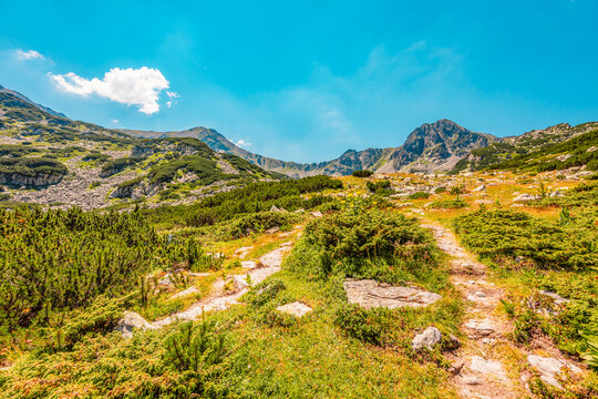 Mountain landscape in National Park Retezat, Romania. Hiking to Lacul Bucura througth Cabana Gențiana. Taul Pietrele
