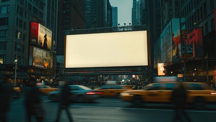 Blank Billboard In City At Night With Motion Blurred Traffic