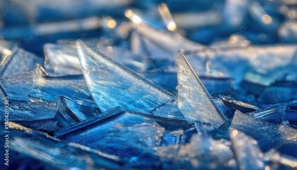 Poster jagged ice shards illuminated by golden light on a cold surface, abstract winter texture with sharp frozen crystal formation

