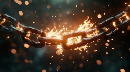 Obraz premium Breaking chain with sparks and fire in motion
