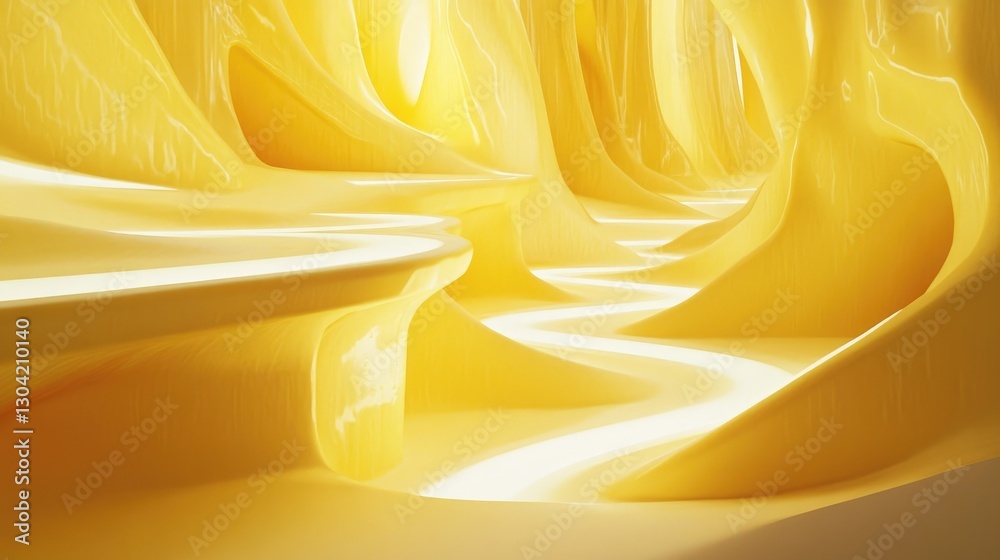 Poster a bright yellow platform featuring detailed abstract shapes, lit by soft lighting that highlights it