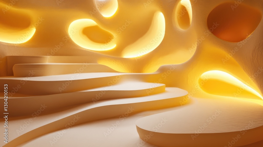 Poster a bright yellow platform featuring detailed abstract shapes, lit by soft lighting that highlights it