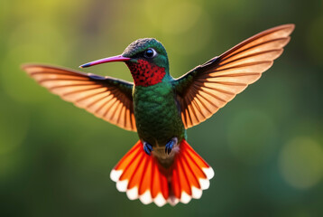 An iridescent green bird in flight with vibrant red and orange feathers