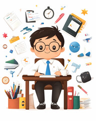 Cartoon Boy Student Busy Desk Study
