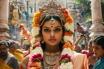 Obraz premium Festive celebration of a goddess in vibrant attire amidst a bustling temple gathering. Generative AI