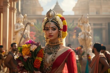 Graceful festival celebration featuring a radiant dancer adorned in traditional attire amidst a magnificent temple backdrop. Generative AI