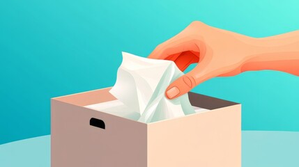 Hand reaching for tissue from box against turquoise background