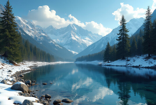 A tranquil lake framed by snow-covered mountains and evergreen trees.