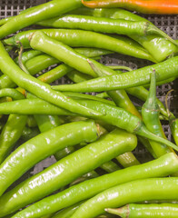 Stack of fresh bell peppers in supermarket. Close-up of fresh green vegetarian food.