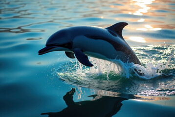 A dolphin breaching the water at sunset © Limanou Mikael