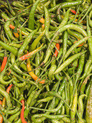 Pile of bird chilli in supermarket. Close up of spicy food in bright green.