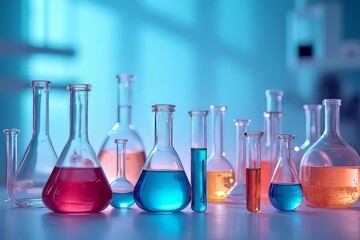 Colorful Laboratory Glassware with Various Liquids in a Science Lab Setting