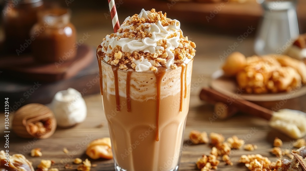 Poster a caramel creamy shake adorned with whipped peaks and crunchy toppings, creating a dynamic, visually