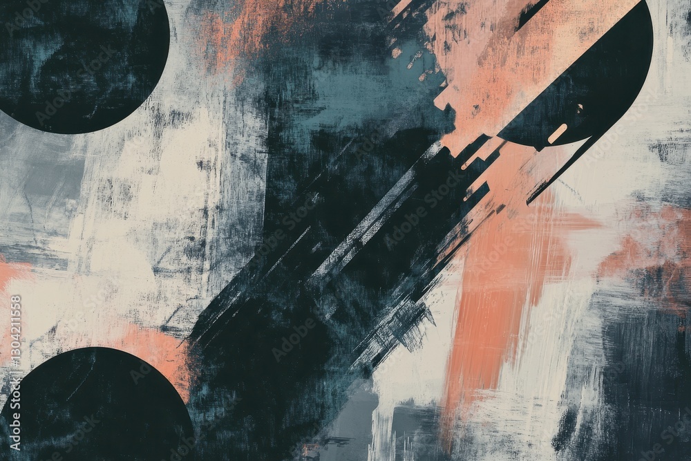Poster vibrant abstract artistry featuring bold strokes and circular elements creating a dynamic compositio