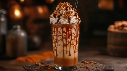 A caramel-toned creamy shake topped with whipped peaks and crunchy textures, showcasing a visual feast, emphasizing taste, creativity, and indulgence in every detail