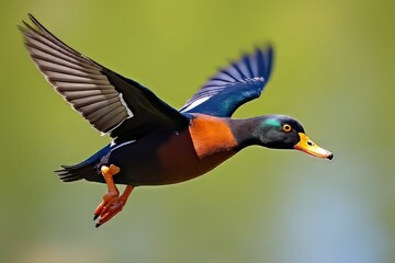 Obraz premium Colorful Mallard Duck Soaring Through the Air