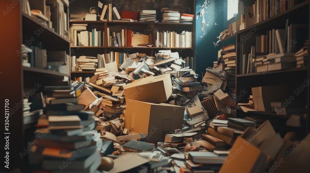 Poster a chaotic scene of books and cardboard boxes piled high, emphasizing the mess and the overwhelming s