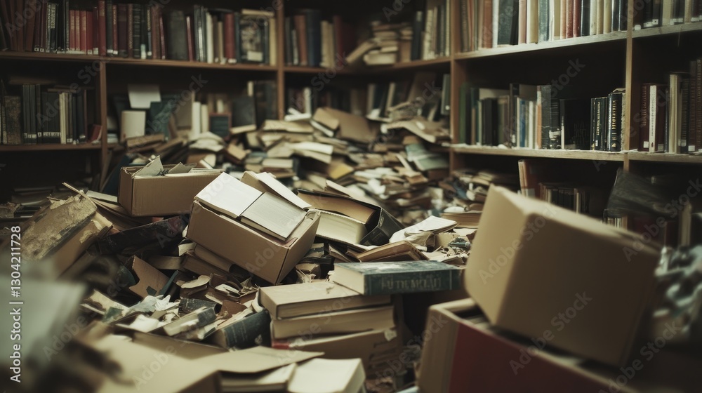 Aufkleber a chaotic scene of books and cardboard boxes piled high, emphasizing the mess and the overwhelming s