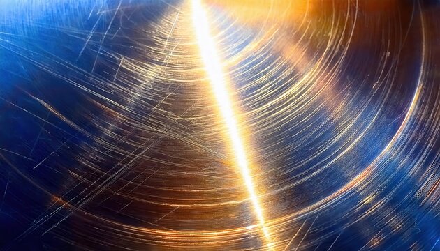 macro shot of scratched reflective metal surface with blue and orange light reflections, abstract industrial texture for background and creative design


