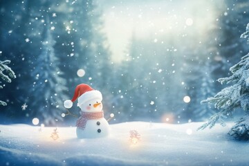Fototapeta premium Charming snowman dressed for winter festivities stands in a snowy forest during a serene, snowy afternoon. Generative AI