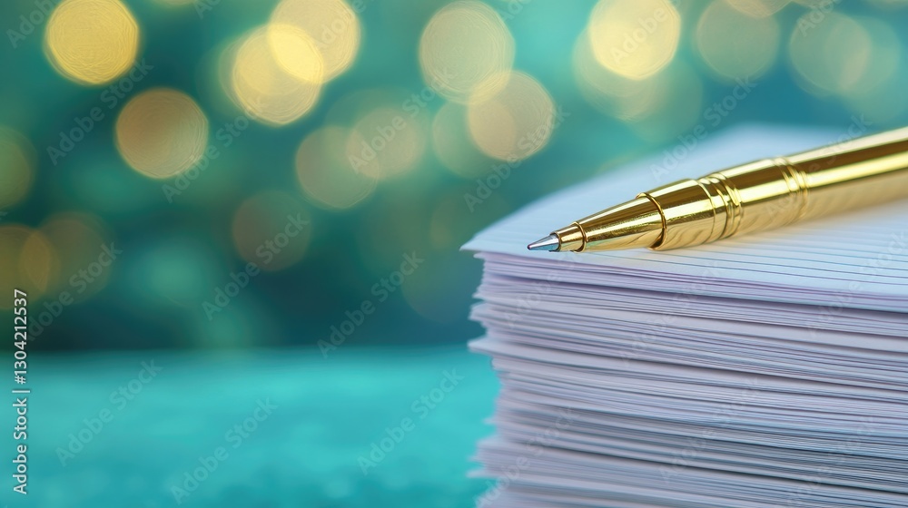 Poster a close-up of a stack of lined papers with a golden pen elegantly placed on top, against a dreamy aq