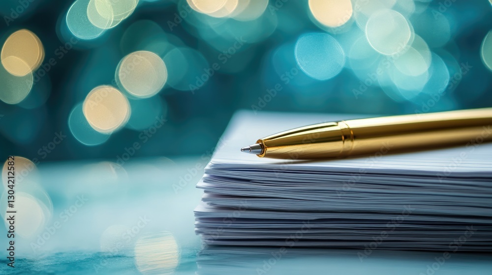 Poster a close-up of a stack of lined papers with a golden pen elegantly placed on top, against a dreamy aq