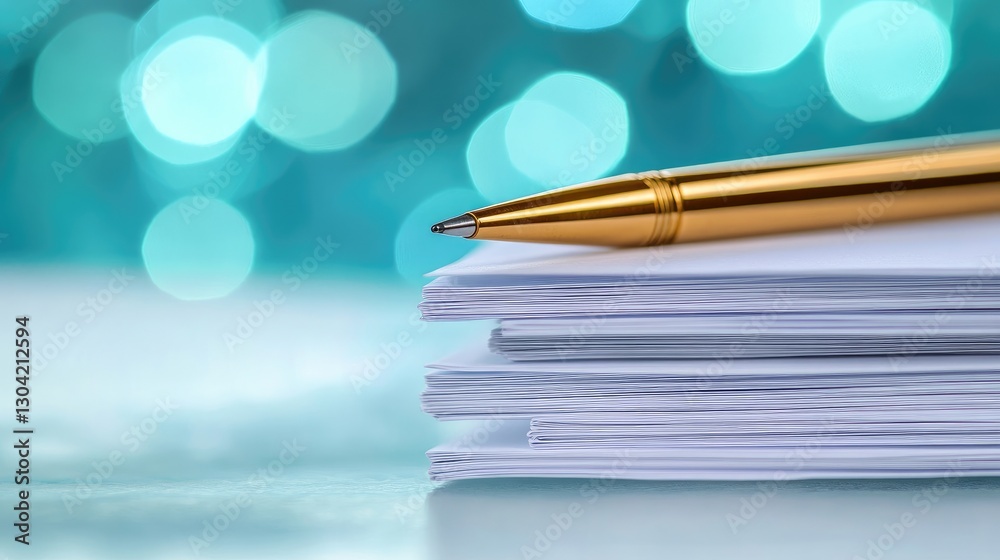 Poster a close-up of a stack of lined papers with a golden pen elegantly placed on top, against a dreamy aq