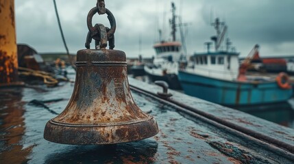 Fototapeta premium A close-up of a rusty ship bell on the deck, with boats in the background and an overcast sky, invoking a sense of maritime nostalgia and the history of the sea