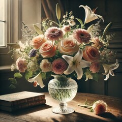 Elegant floral arrangement with white lilies and peach roses in a crystal glass vase on a wooden table.