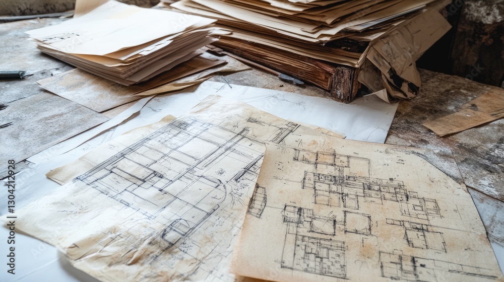 Poster a close-up of an architect creative process, with blueprints, sketches, and building materials in fo