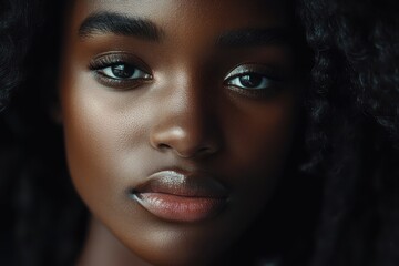 Fototapeta premium Captivating gaze of a young woman showcasing natural beauty and expressive emotions in soft light. Generative AI