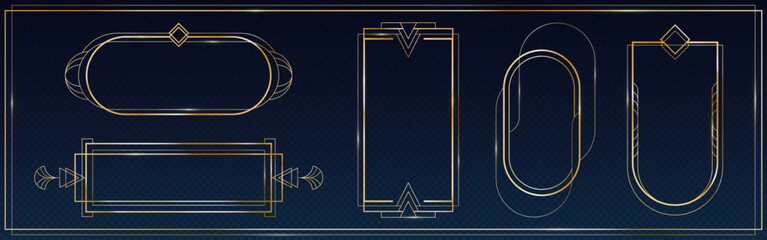 Great Gatsby deco frame collection with golden outlines on dark background. Elegant geometric borders of arches, fan motifs and diamond ornaments. Art decorative elements for invitations design.