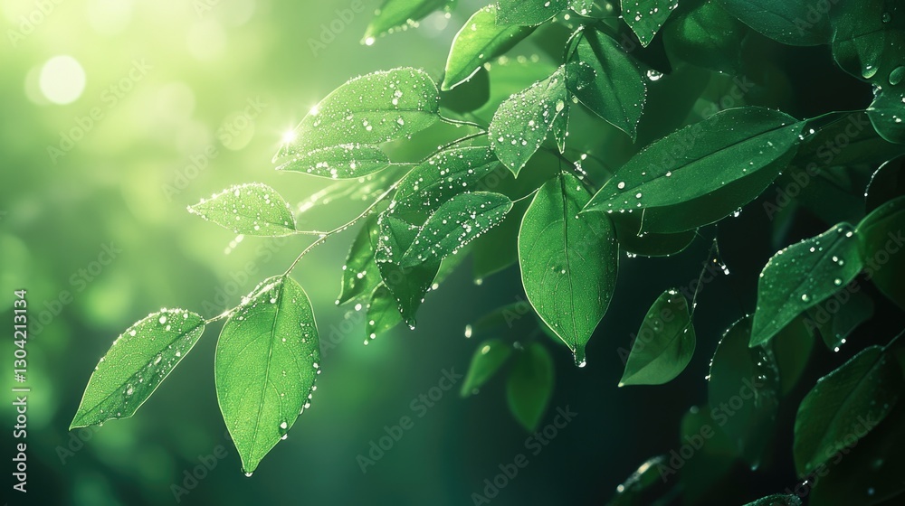 Poster a close-up of lush green leaves, adorned with dew droplets and illuminated by soft natural light, ca
