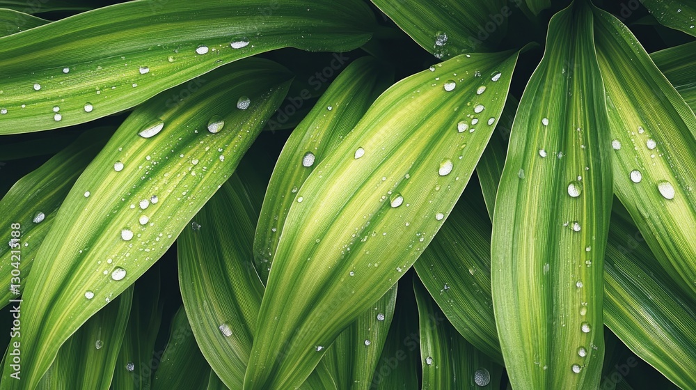 Poster a close-up of lush green leaves, adorned with dew droplets and illuminated by soft natural light, ca
