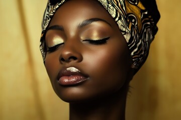 Elegant woman showcasing a stunning beauty look with golden makeup against a soft golden backdrop. Generative AI