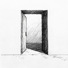 A Pen and Ink Drawing of an Open Doorway Leading to an Abstract Place, a Journey, or the Unknown Beyond the Threshold