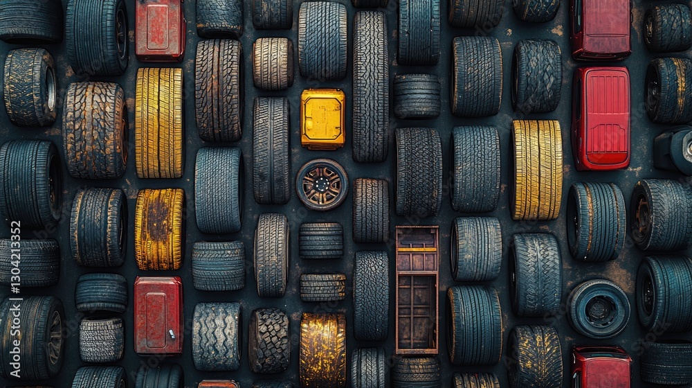 Poster A close-up overhead view of several car and truck tires, neatly organized in a symmetrical pattern, displaying a variety of tire treads