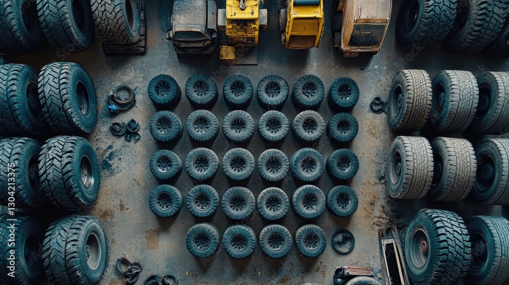 Poster a close-up overhead view of several car and truck tires, neatly organized in a symmetrical pattern, 