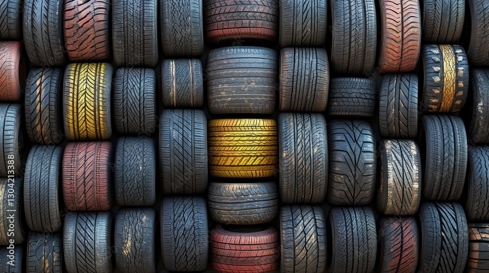 Poster a close-up overhead view of several car and truck tires, neatly organized in a symmetrical pattern, 