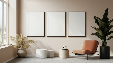 Modern Minimalist Living Room Mockup with Blank Posters