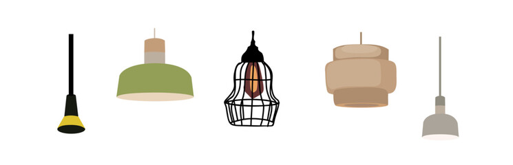 Set of Ceiling lamps, electric pendant light on cord. Suspended chandeliers in modern contemporary style. Fashion stylish lampshade. Vector illustration isolated 