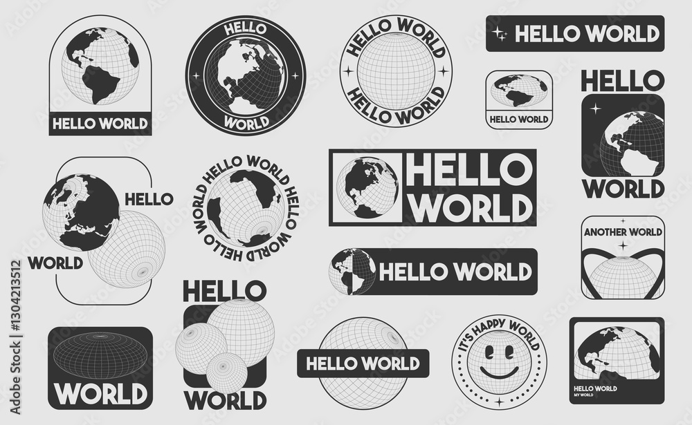 Poster y2k globe stickers with hello world text in different layouts - circular, rectangular and square. mo