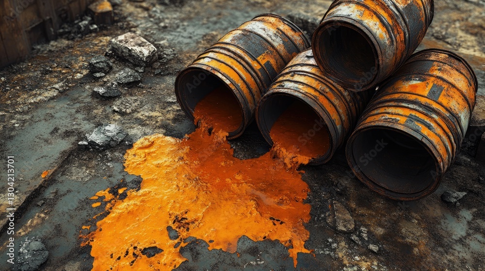 Poster a collection of old, rusty barrels lie on the ground with vibrant orange liquid spilling out, creati