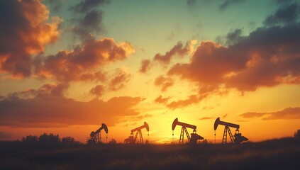 Silhouette of Oil Pump Jacks at Sunset
