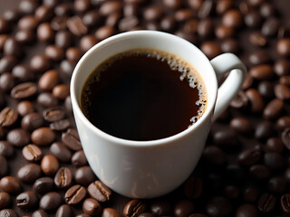 Fototapeta premium A Cozy Cup of Coffee Surrounded by Rich Coffee Beans