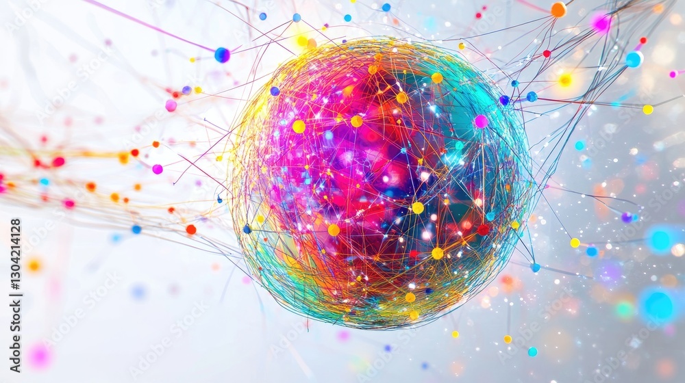 Poster a colorful abstract sphere, connected by vibrant lines and nodes, evoking the concept of a digital o