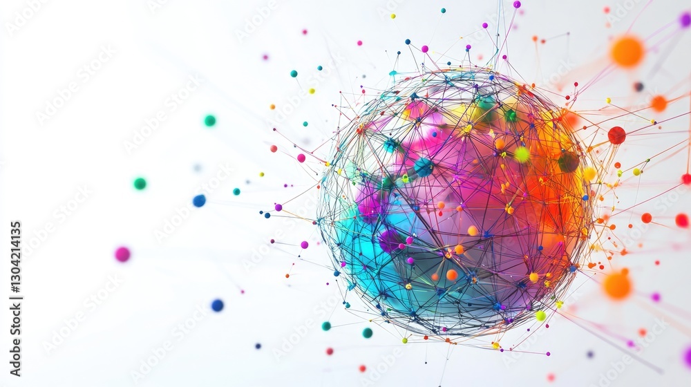 Poster a colorful abstract sphere, connected by vibrant lines and nodes, evoking the concept of a digital o