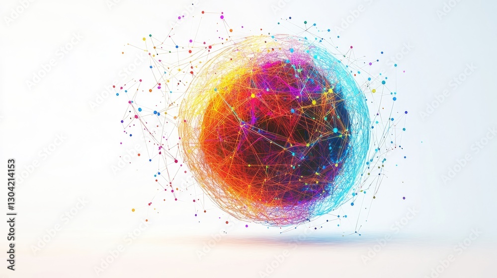 Poster A colorful abstract sphere, connected by vibrant lines and nodes, evoking the concept of a digital or neural network on a white background